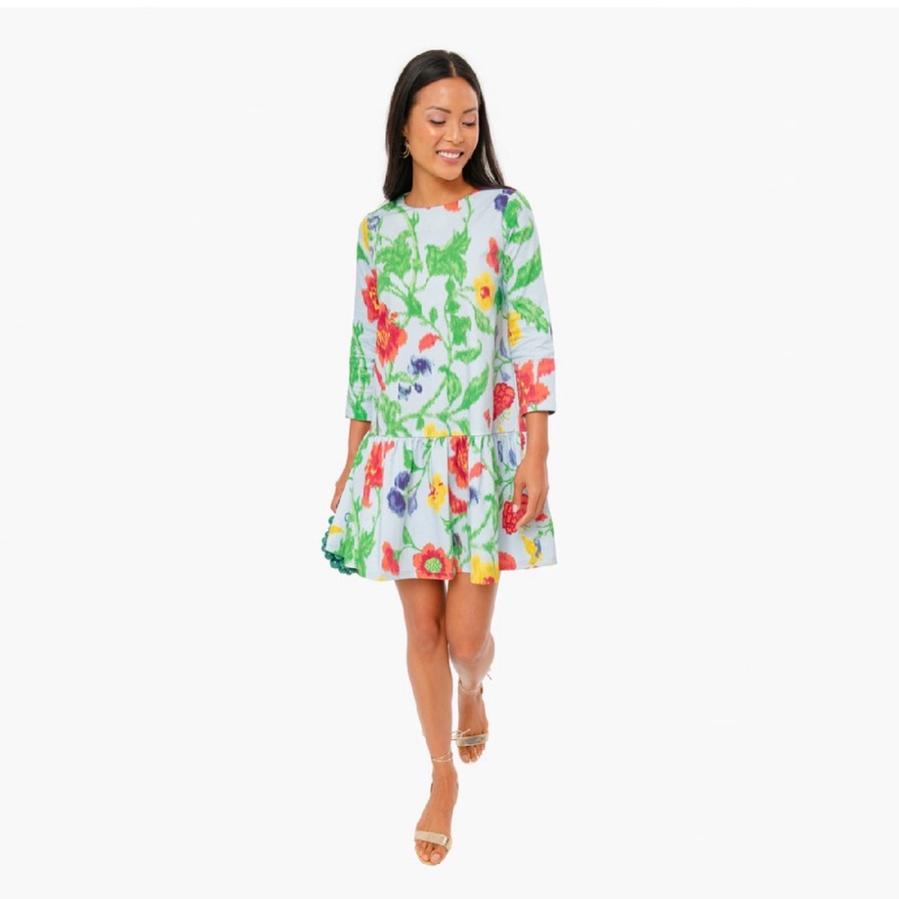 Tuckernuck Floral Drop-Waist Dress in White with Green, Red, Yellow, Purple